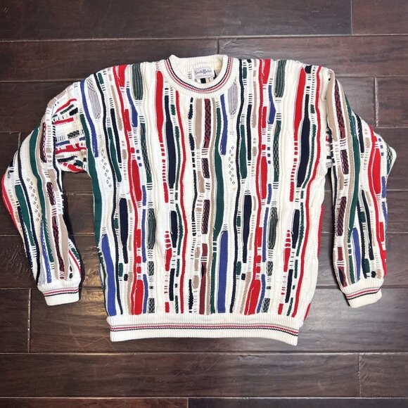 VTG North Wales 3D Textured Coogi Like Crew Neck Sweater L White Colorful Knit - Picture 1 of 12
